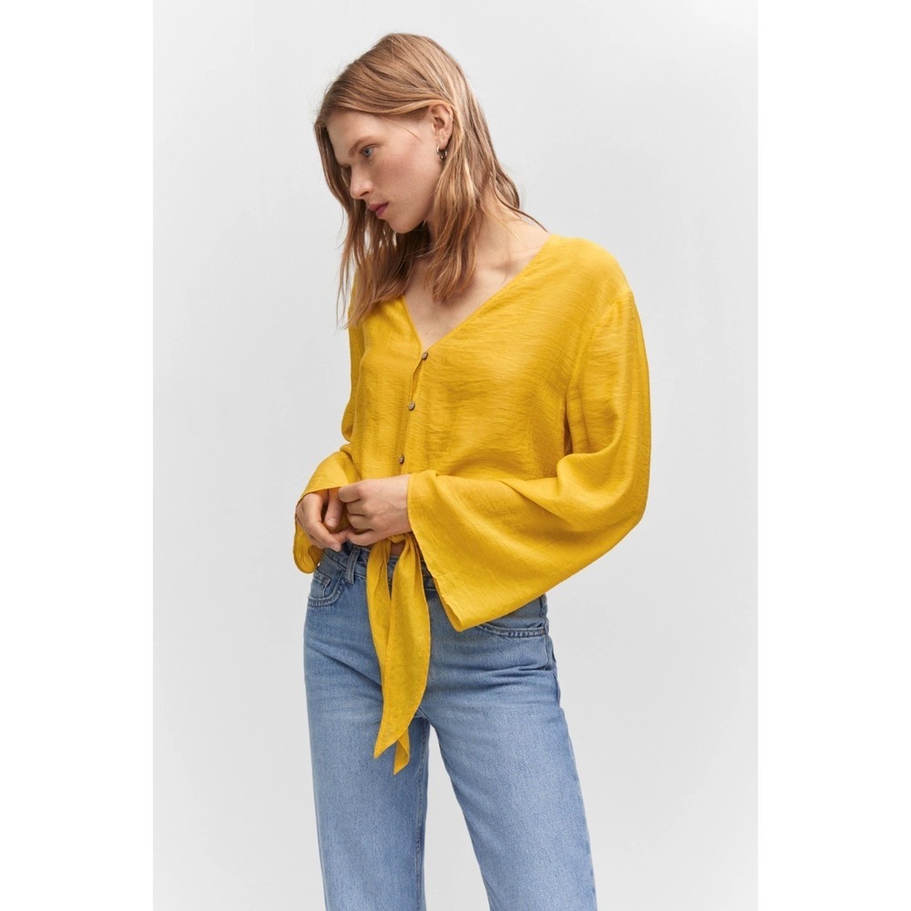 Mango Flared-Sleeve Blouse with Bow- Yellow- Women NWT size 4